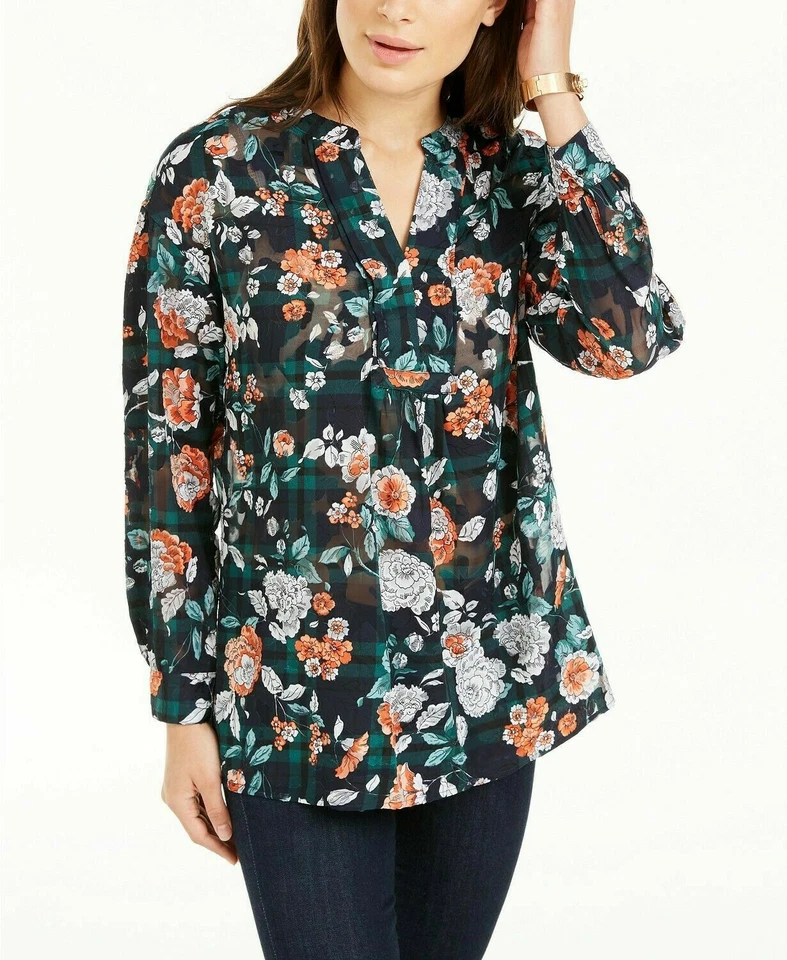 Tommy Hilfiger Womens Navy Floral Print Split Neck Shirt Blouse Top S BHFO 9640