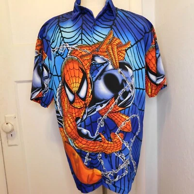 Vtg Y2K Changes Mens Sz L Spiderman Shirt Button Up Allover Print Marvel Comics - Image 1 of 4