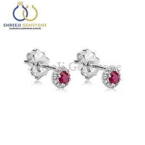 Massiver 14k Gold Mini Rubin Nieten mit Diamant Halo Handarbeit klassischer Schmuck Geschenk - Bild 1 von 3