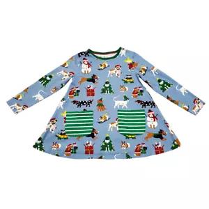 Mini Boden Girls Printed Jersey Tunic Dress Festive Pets 7-8Y Cotton Pockets - Picture 1 of 11