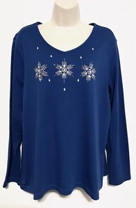 studio works top 1X long sleeve Tee blue silver snowflake embellished - Picture 1 of 9
