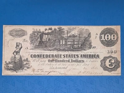 1862 $100 One Hundred Dollars Note The Confederate States of America Richmond - Image 1 of 4
