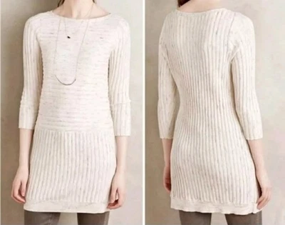 MOTH Anthropologie Suéter Vestido Beige Natural Manga Larga Tejido Cuello Barco S  Foto 1 de 4