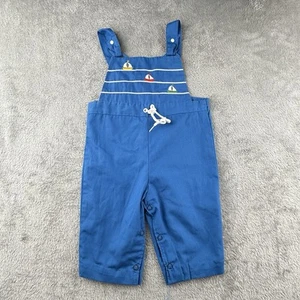 Vintage Romper Overalls Jon Jon Baby Boy 6-9 Mo Blue Sail Boat Nautical VTG 70s - Picture 1 of 7