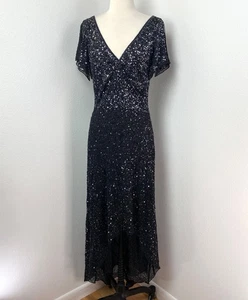 Vintage schwarz Perlen Pailletten Maxi Abendkleid Größe 6 formell Party Glam Goth Noir - Bild 1 von 13