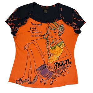 Camiseta De Colección Y2K Adore Naranja Azul Lentejuelas Graffiti Niña Gráfica Para Mujer’s L - Imagen 1 de 8