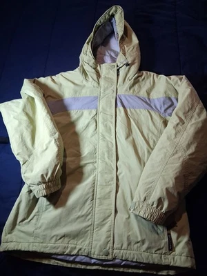 Parka Chaqueta de Invierno Marca Columbia Amarilla Lima y Gris Con Capucha Para Mujer Grande Usada en Excelente Condición Foto 1 de 4