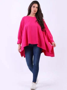 Plus Size Women Plain Cotton Lagenlook Top Summer Dipped Hem Italian Baggy Shirt - Picture 1 of 15