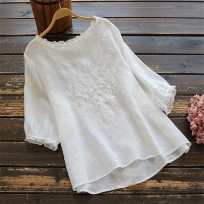Lady Retro Cotton Shirt Floral Embroidery Crew Neck Blouse Plus Size Casual Tops - Image 1 of 4