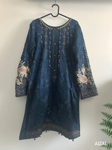 3-Piece Party Wear Kurti / Dress | Navy Blue Embroidered | Lilen Chiffon Mix - Picture 1 of 3