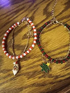 CHRISTMAS CHARM BRACELET 2 gold tone Dangle Beaded SET of 2 new!! - Picture 1 of 3