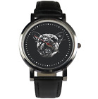Cute eyepatch pug dog wristwatch, black/brown leather strap. Silver watch case