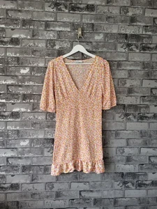 Bershka Floral Mini Dress Pink Orange Ruffle Hem Smocked UK10/12 M Medium - Picture 1 of 6