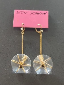 VTG Betsey Johnson Round Gold Tone Glass Stone Dangle Earrings - Pierced F224 - Picture 1 of 6