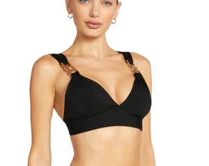 NEW ROBIN PICCONE 'Jane' Chain Detail Plunge Bikini Top Size L Large Black $118 - Picture 1 of 7