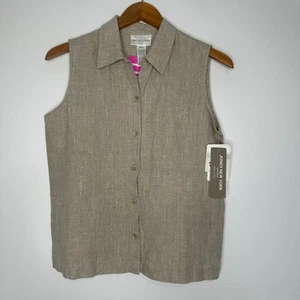 NWT Jones New York Sport Sleeveless Top Womens 8P Tan 100% Linen Button front - Picture 1 of 8