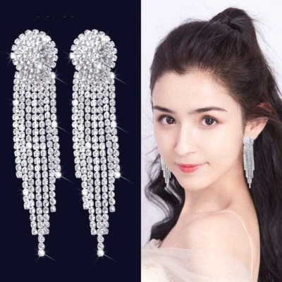 CLIP ON Earrings Crystal Silver Rhinestone Fake Studs Non Pierced Ear Womens - Image 1 of 4