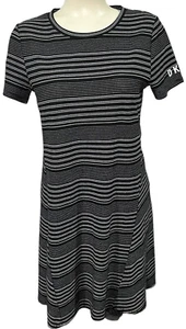 DKNY Women's Dress Black White Striped Ribbed Dress Crew Neck Pullover - Size M - Picture 1 of 8