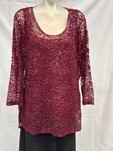 Reba Womens Maroon Red Scoop Neck Lace Lace Blouse Size 2X Long Sleeve Sheer - Picture 1 of 10