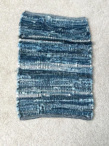 Chindi Rag Rug Cotton Denim Blue Boho 20x28 Throw Rug Reversible Handmade Farm - Picture 1 of 10