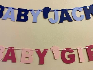 Personalised Baby Shower Boy Girl Bunting Flag Pink Blue Party Banner BSB8a - Picture 1 of 21