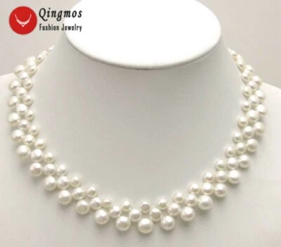 Colar de pérolas brancas naturais planas 7-8 mm para joias femininas 3 fios gargantilhas 17" - Imagem 1 de 4