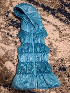 Heart Soul Puffer Vest Girls Youth Large Teal Shiny Sequins Hooded Full Zip - Picture 1 of 7