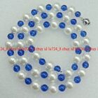 Delicate 6mm Blue Jade &10mm White Shell Pearl Round Beads Necklace 20''
