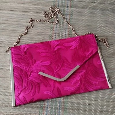 Nina Hot Pink Shoulder Purse Gold Chain Link Strap Clutch 10 in Textured Fabric - Image 1 of 4