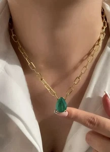 10Ct  Pear Cut Simulated Green Emerald  Necklace 14K Yellow Gold Plated Silver - Picture 1 of 2