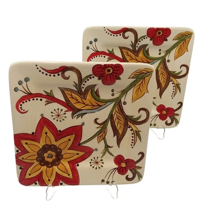 Pier 1 Imports Carynthum Square Salad Plate 8.75" Floral Set of 2 Earthenware - Image 1 of 4