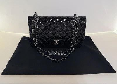 Authentic CHANEL Patent Quilted Medium Double Flap Black - Image 1 of 4