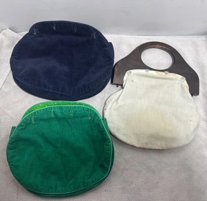 Borsa Bermuda vintage manico in legno con 2 coperchi in velluto a coste frizione anni 70 - Foto 1 di 16