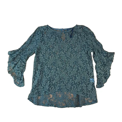 Caroline Morgan Womens Size 10 Khaki Open Knit Lace Applique Blouse Bell Sleeve - Image 1 of 4