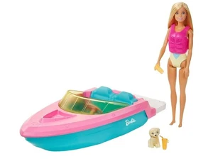 Barbie Puppe und Boot Spielset mit Haustier Welpe, Schwimmweste und Zubehör, passend für 3 D - Bild 1 von 6