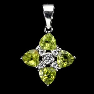 925 Sterling Silver Pendant Trilliant Peridot 5mm Natural Gemstone Jewelry - Picture 1 of 14