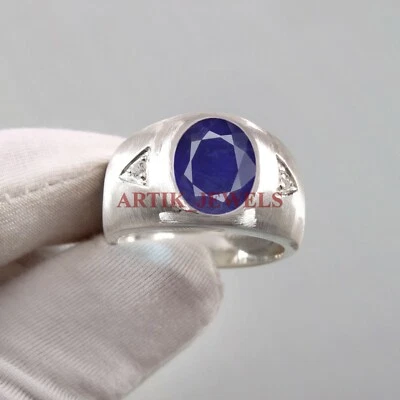 Heizbar Blau Saphir Edelstein Mit 925 Sterlingsilber Ring für Herren #5149 - Bild 1 von 4