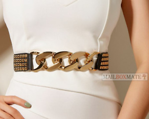 Women Ladies Hot Elastic Silver Gold Metal Chain Buckle Studded High Waist Belt