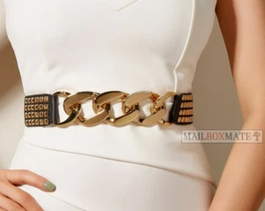 Women Ladies Hot Elastic Silver Gold Metal Chain Buckle Studded High Waist Belt - Picture 1 of 10
