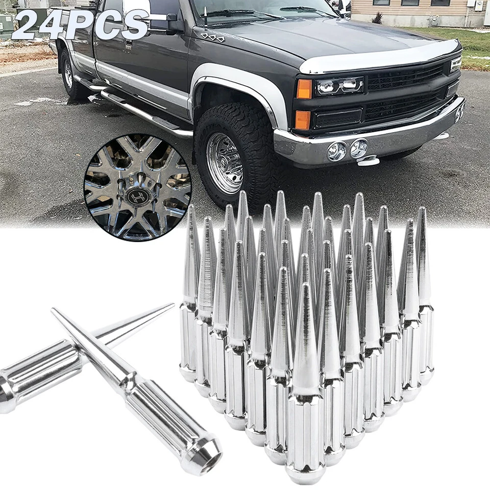24pc Chrome Spike Lug Nut 4.4" Tall +key 14x1.50 For Chevrolet K1500 K2500 K3500 - Image 1 of 4