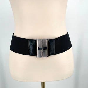 LRL Ralph Lauren womens size M Corset Belt Elastic Stretch patent Leather Silver - Picture 1 of 12