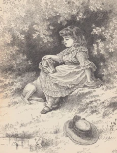 LITTLE GIRL UNDER SHADY TREE WITH CUTE HOUND DOG ANTIQUE PRINT 1889 - Picture 1 of 2