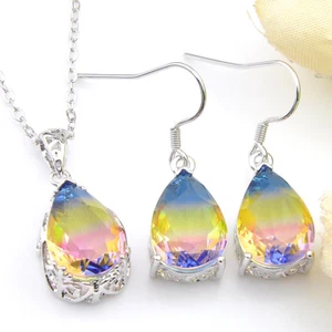 Wholesale 2 pcs Water Drop Bi Colored Tourmaline Gems Silver Pendant Earrings - Picture 1 of 6