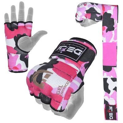 DEFY Gel Padded Ladies Inner Gloves with Hand Wraps MMA Muay Thai Pink Camo - Image 1 of 4