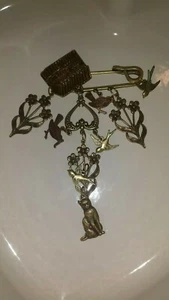Cat Pin Brooch Gold tone Metal Cat Flowers Birds Home Heart 11 Charms Unsigned - Picture 1 of 12