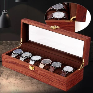 Caja de exhibición de reloj de madera vintage de 6 ranuras organizador de almacenamiento de joyas estante - Imagen 1 de 10
