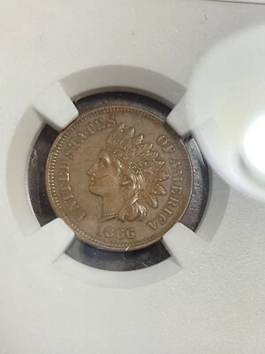 NGC AU55 1866  INDIAN HEAD CENT SCARCE DATE - Image 1 of 3