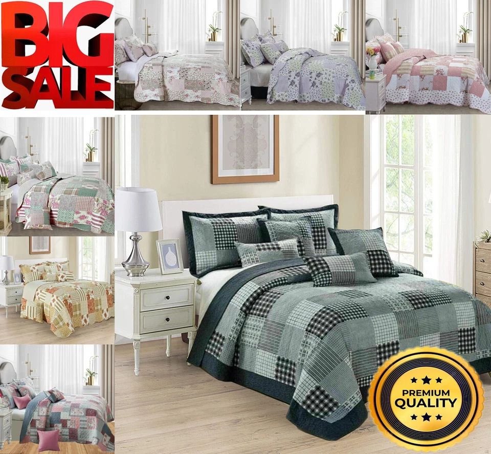 Printed Patchwork 3 Piece Quilted Bedspread Pillow Sham Single Double King SK - Image 1 of 1