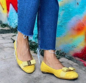 SALVATORE FERRAGAMO Yellow Python Suede Varina Ballet Flats, Size 36.5 - Picture 1 of 16