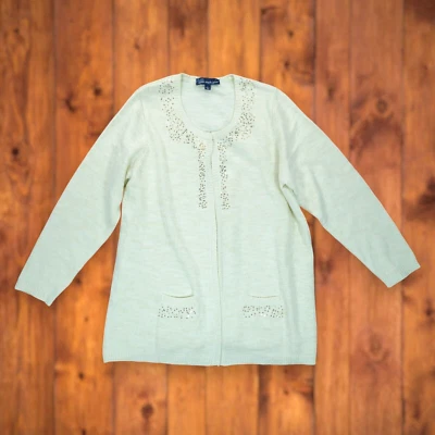 Cárdigan para mujer Susan Graver frente abierto crema con detalles metálicos dorados grande Foto 1 de 4